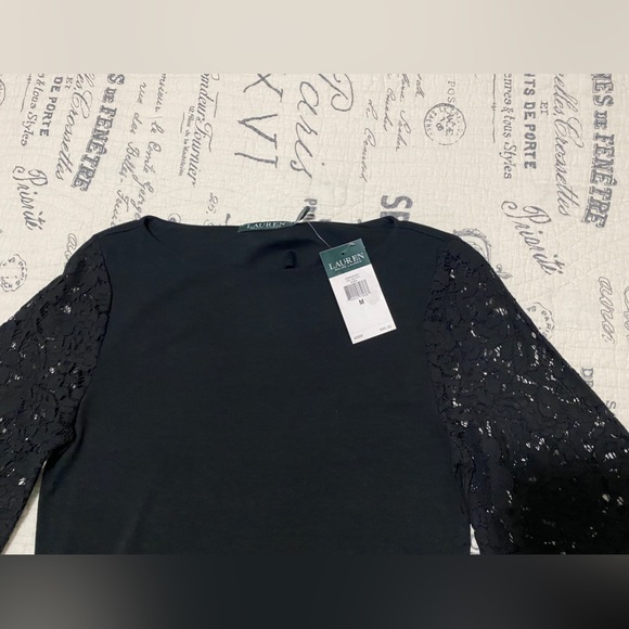 LAUREN RALPH LAUREN Womens Lace Bell Sleeve Blouse Top Medium Black NWT - Picture 7 of 9